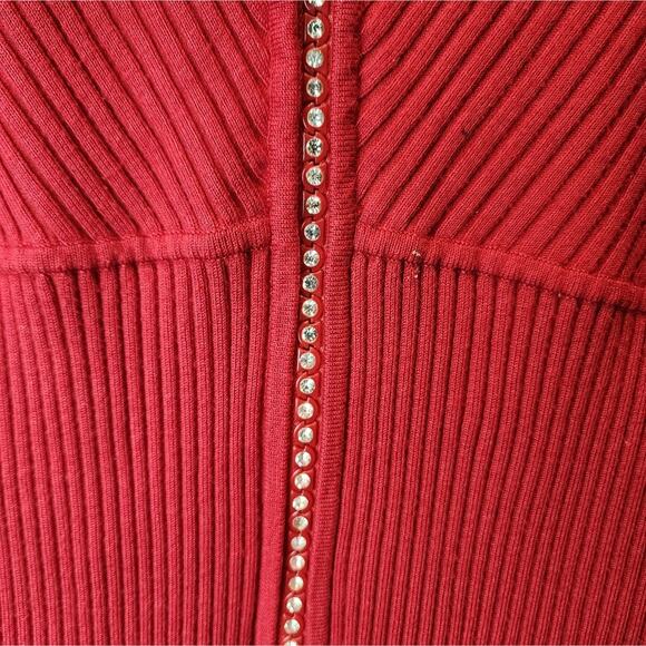Red Ribbed Knit Sweater Crystals Zipper XL - Picture 3 of 7